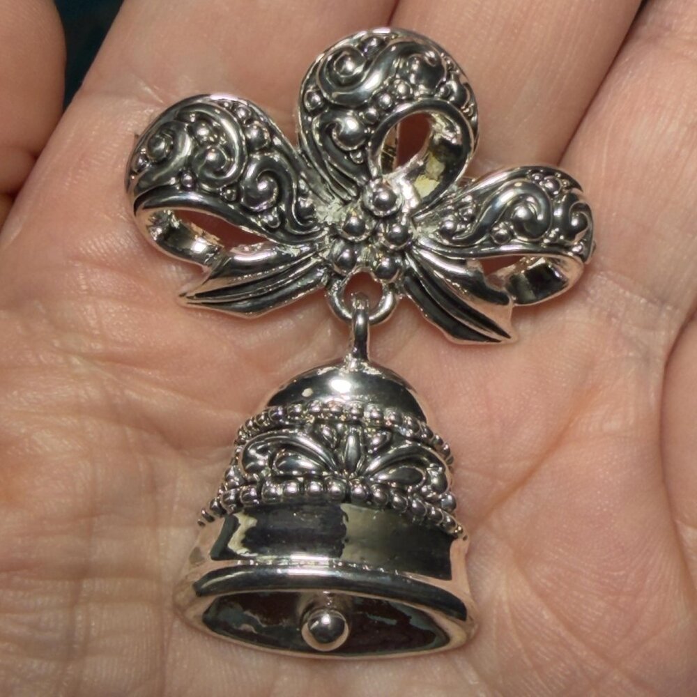 Bell Brooch Silver Tone Dangle Bow Pin Vintage Style 2 Inch